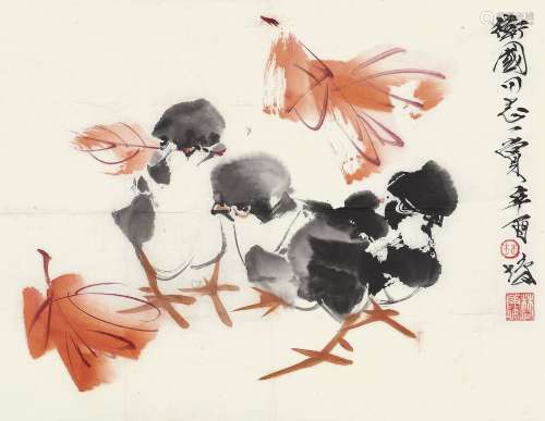 林墉 辛酉（1981年）作 红叶小鸡 镜片 设色纸本