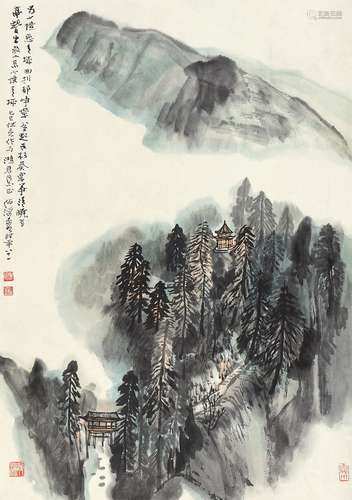 何海霞 己巳（1989年）作 蜀山清晓 立轴 设色纸本