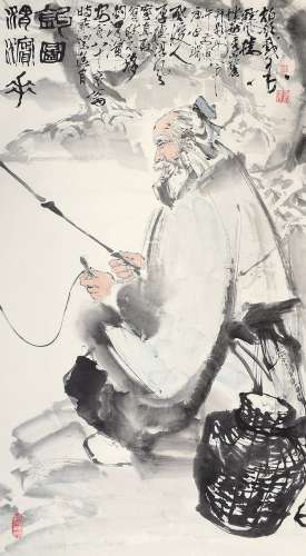 单柏钦 庚申（1980年）作 渭滨垂钓图 立轴 设色纸本