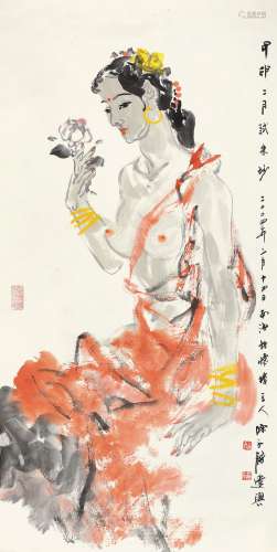 陈永锵 甲申（2004年）作 朱砂裸女 镜片 设色纸本