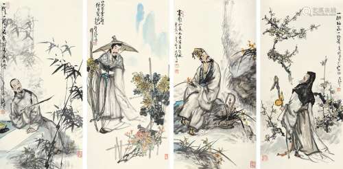 王镇芝 壬辰（2000年）作 梅兰竹菊四高士 四屏镜片 设色纸本