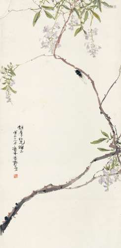 李野屋 戊辰（1928年）作 紫藤蝉鸣 立轴 设色纸本