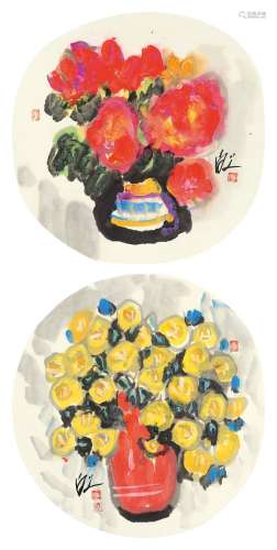 许固令 花卉 （两帧） 镜片 设色纸本