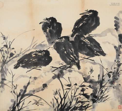 吴静山 丙寅（1986年）作 八哥 镜片 水墨纸本