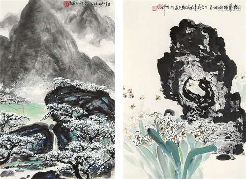 郑文岩 丁巳（1977年）作 山水•花卉 （两帧） 镜框 设色纸本