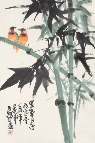 陈子毅 壬戌（1982年）作 竹雀图 镜片 设色纸本