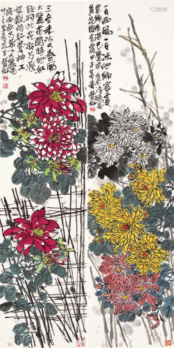 林丰俗 甲午（2014年）作、甲子（1984年）作 花开富贵 镜片 设色纸本