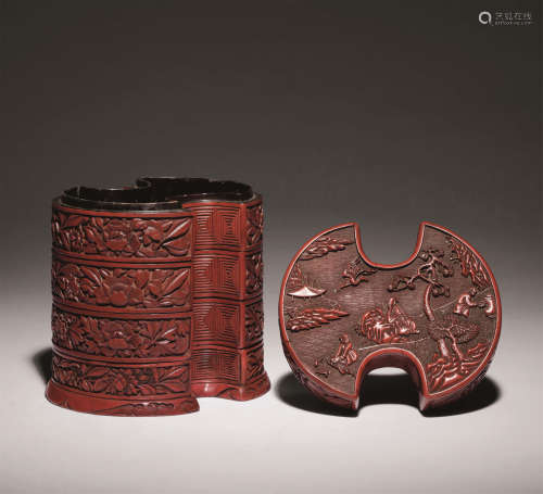 明十六-十七世纪 剔红松鹤高仕图元宝重盒