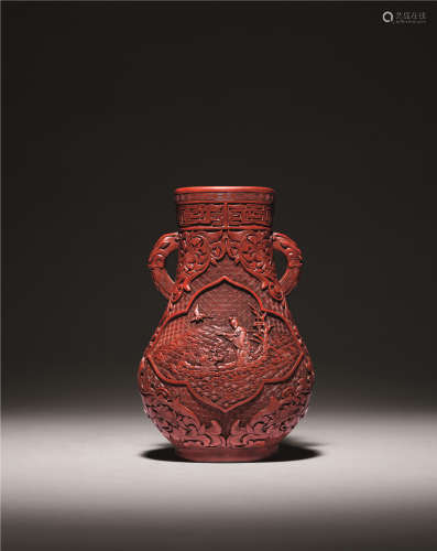 清十八世纪 剔红麻姑献寿尊式瓶