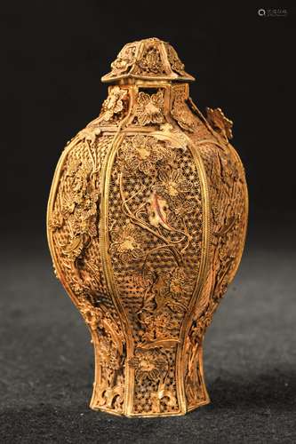 CHINESE GILT SILVER WIRE HEXAGON FLOWER VASE