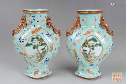 PAIR OF CHINESE FAMILLE ROSE TWIN EAR VASE