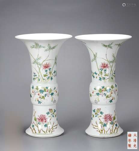 PAIR OF CHINESE FAMILLE ROSE GU VASE