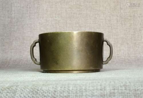 CHINESE QING DYNASTY BRONZE TWIN HANDLE CENSER