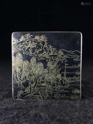 CHINESE BRONZE WUTONG INK BOX WITH SILVER LINING
