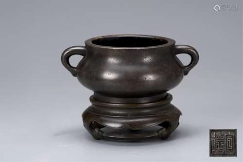 CHINESE BRONZE TWIN EAR CENSER WITH MARK