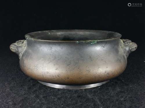 CHINESE BRONZE CENSER WITH FOOLION HANDLE