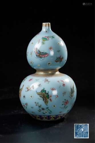 CHINESE BLUE GROUND BUTTERFLY DOUBLE GOURD VASE