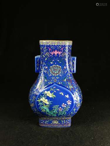 CHINESE QING DYNASTY ENAMEL TWIN EAR VASE