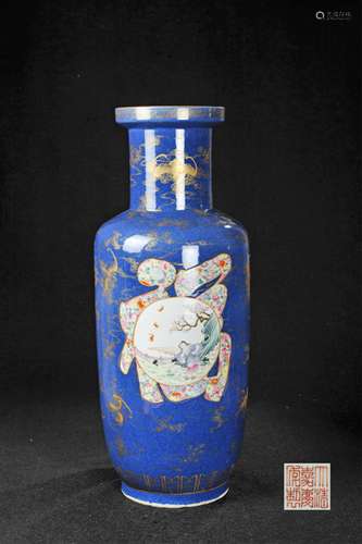 CHINESE BLUE GROUND ROULEAU VASE WITH MARK