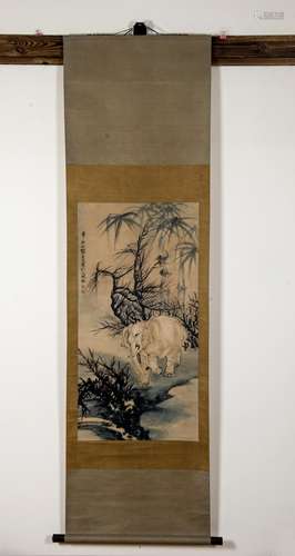 ZHANG SHANZI,1882-1940 SCROLL PAINTING OF ELEPHANT