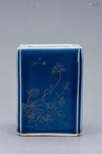 CHINESE BLUE GLAZED WITH GILT SQUARE BRUSH POT