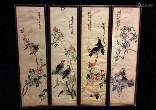 SET OF 4 CHINESE EMBROIDERY PANEL OF BIRDS