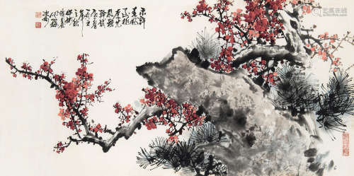 王成喜 1985年作 红梅 镜框 设色纸本