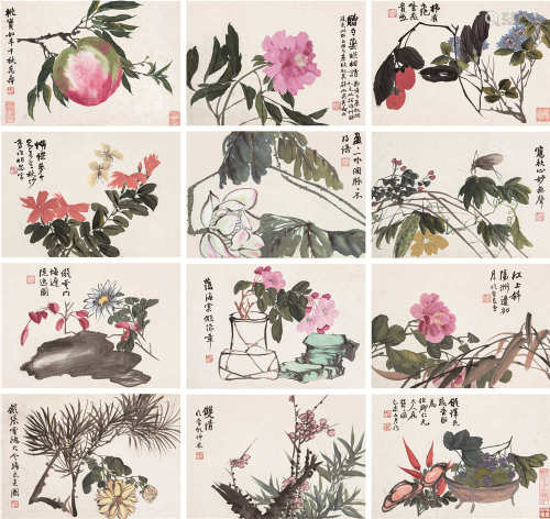 赵之谦 1859年作 花卉册 （十二帧） 册页 设色纸本