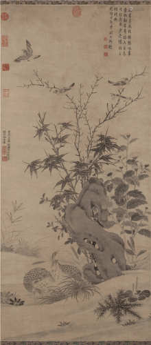 王渊（传） 1347年作 秋景鹑雀图 立轴 水墨纸本