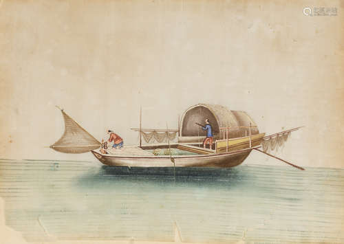 SET OF THREE PITH PAPER PAINTINGS OF BOATS,LATE QING DYNASTY ink and colour on paper