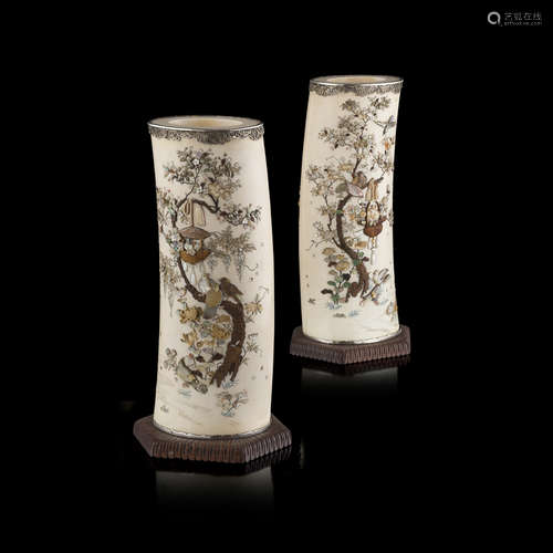 PAIR OF SILVER-MOUNTED AND SHIBAYAMA-INLAID IVORY TUSK VASES,MEIJI PERIOD