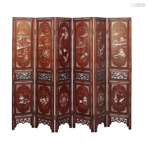 MOTHER-OF-PEARL INLAID SIX-FOLD HARDWOOD SCREEN