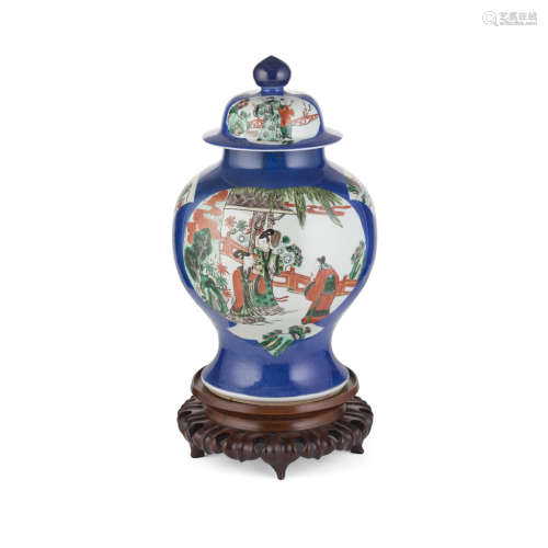 LARGE FAMILLE VERTE POWDER-BLUE GROUND BALUSTER JAR AND COVER,QING DYNASTY, 19TH CENTURY