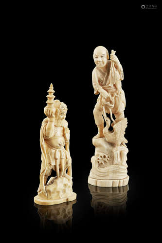 CARVED IVORY OKIMONO OF A CORMORANT FISHER,MEIJI PERIOD