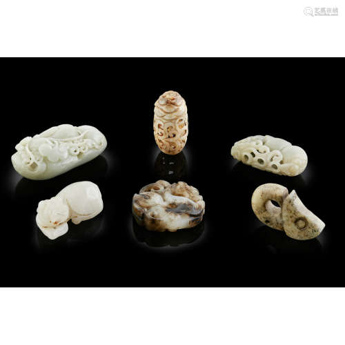 GROUP OF SIX JADE AND HARDSTONE CARVINGS