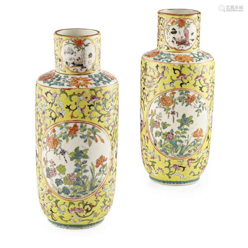 PAIR OF YELLOW-GROUND FAMILLE ROSE VASES,JIAQING MARK BUT LATER