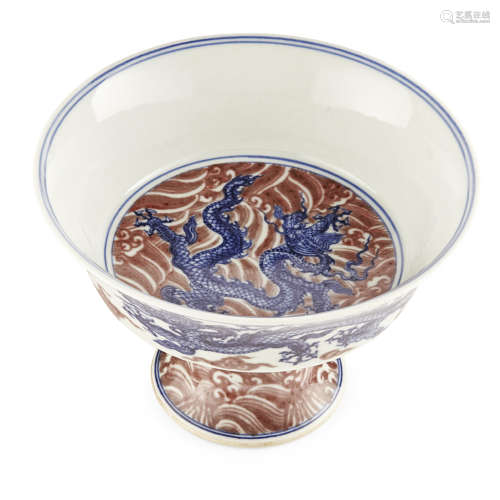 IRON-RED-DECORATED BLUE AND WHITE STEM BOWL