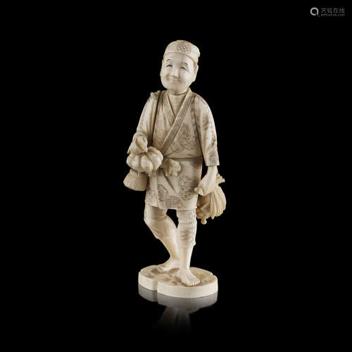 CARVED IVORY OKIMONO OF A FARMER,MEIJI PERIOD