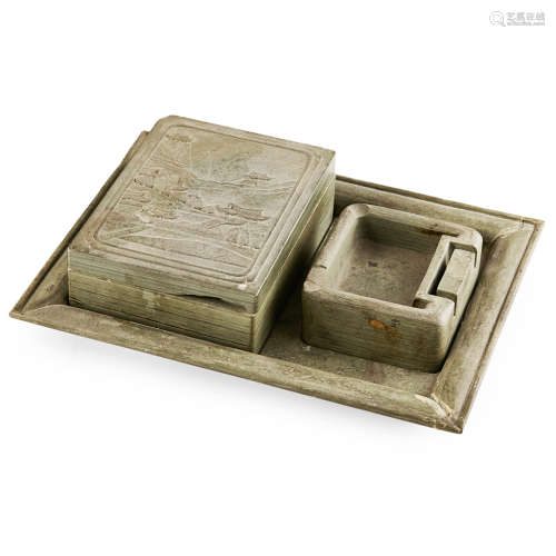 THREE-PIECE SONGHUA STONE CALLIGRAPHY SET,MID 20TH CENTURY