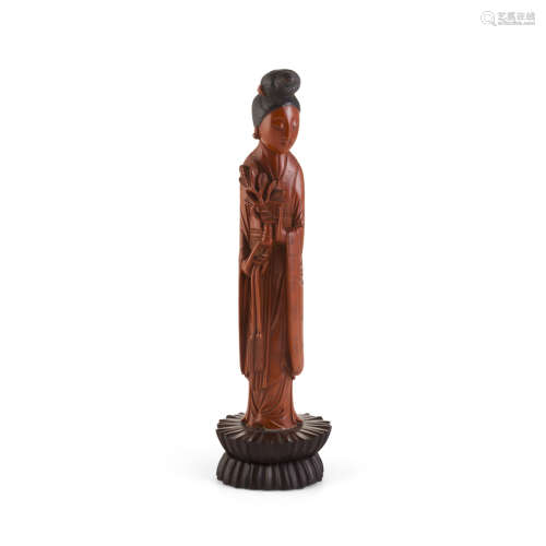 LACQUERED WOOD CARVING OF THE IMMORTAL HE XIANGU
