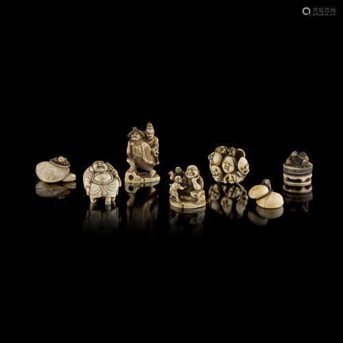 GROUP OF SEVEN CARVED IVORY NETSUKE,MEIJI PERIOD