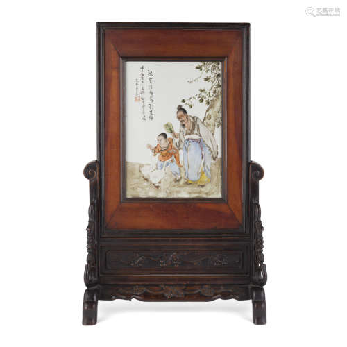 PORCELAIN PLAQUE MOUNTED AS TABLE SCREEN,WANG XIZHI WATCHING GEESE