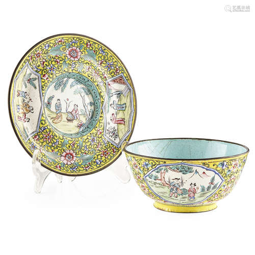 CANTON ENAMEL BOWL AND SAUCER,QING DYNASTY, 19TH CENTURY