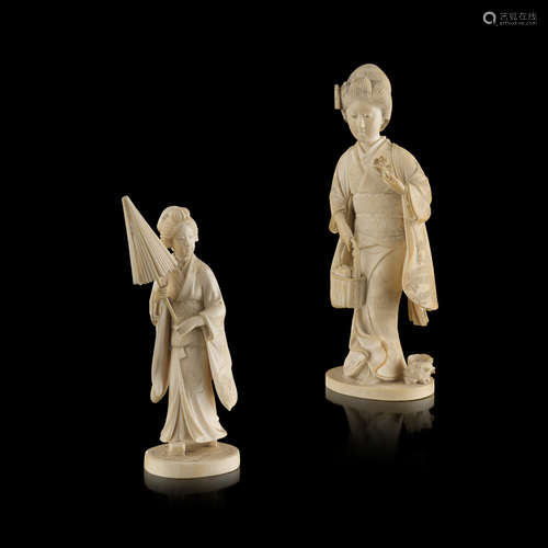 TWO CARVED IVORY OKIMONO OF A BIJIN,MEIJI PERIOD