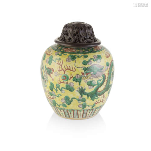 YELLOW-GROUND WUCAI GINGER JAR AND WOOD COVER