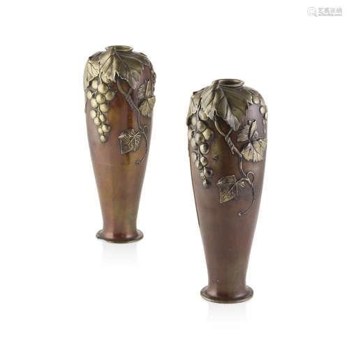 PAIR OF BRONZE 'GRAPES' VASES,MEIJI PERIOD