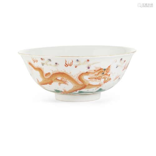 IRON-RED DECORATED FAMILLE ROSE DRAGON BOWL,QIANLONG MARK BUT LATER