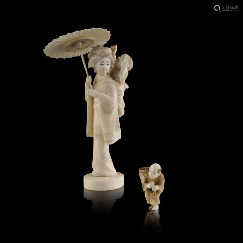 IVORY OKIMONO OF A BIJIN AND A CHILD,SIGNED GYOKUSEN, MEIJI PERIOD