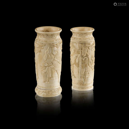 NEAR PAIR OF CARVED BONE VASES,MEIJI PERIOD