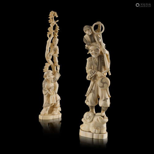 IVORY OKIMONO OF A MONKEY TRAINER,MEIJI PERIOD